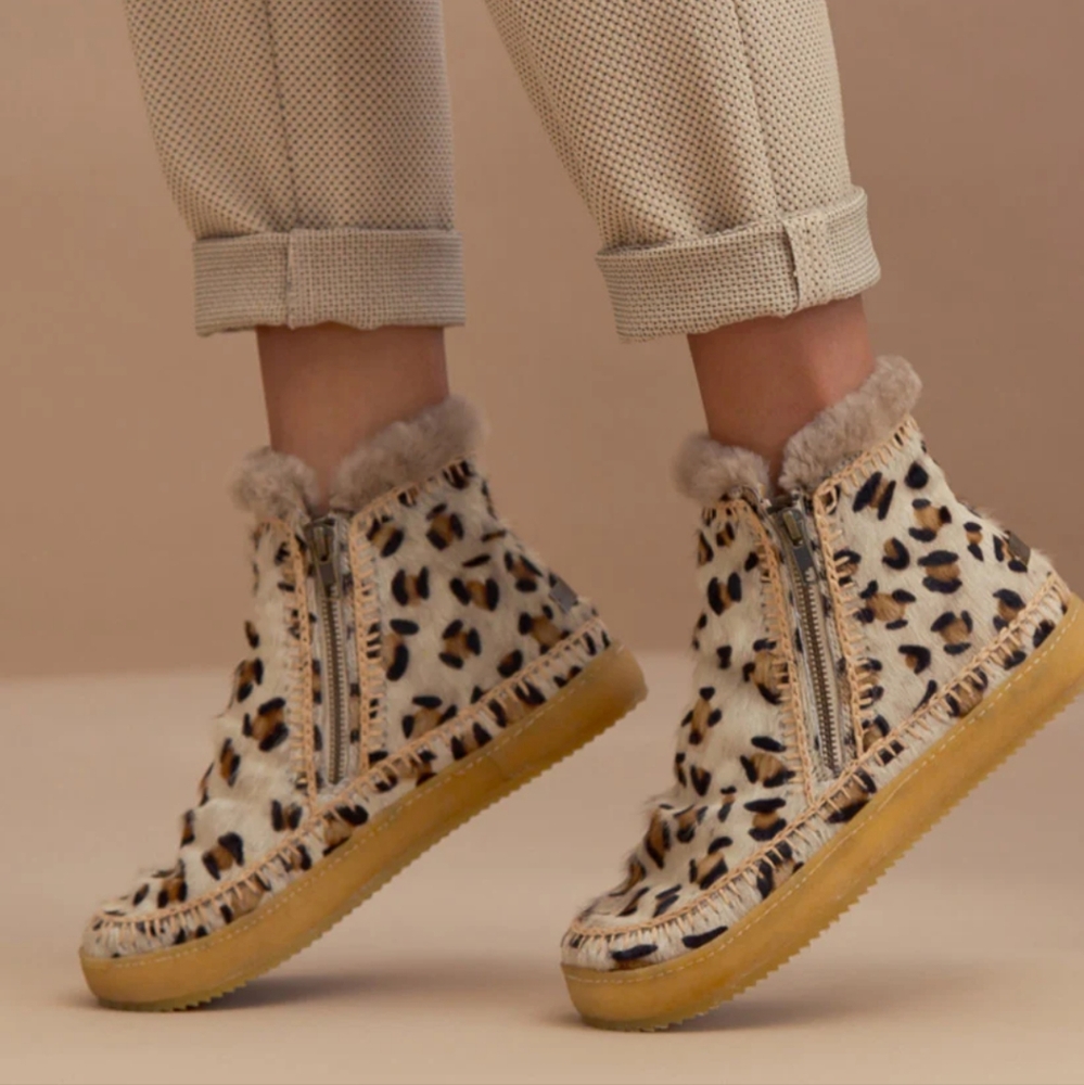 Laidback London Setsu Crochet Side Zip Ankle Boot Leopard Beige